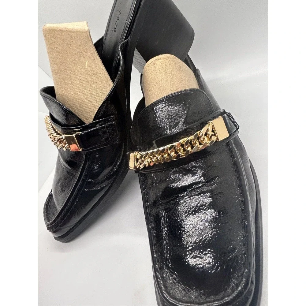 ASOS Black and Gold Heeled Mules Size 9 Classic Loafer Closed Toe Preppy